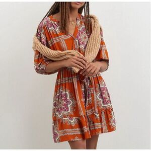 Anthropologie Orange and Pink Midi Dress